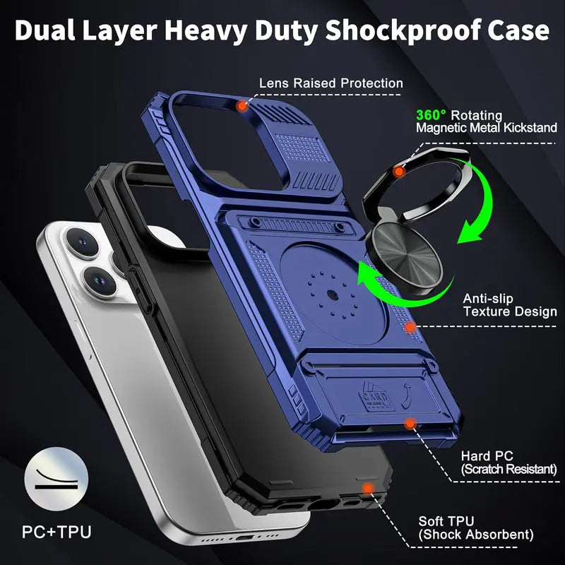 Magnetic Phone Cases for iPhone 18 Pro Max17 Pro Max 16 15 14 13 12 11 Pro Max Plus - 2-Card Holder 360° Magnetic Rotatable Ring Stand Kickstand,Military Grade Protection Heavy Duty Shockproof Protection Accessories for Devices Case for iphone 18 Pro Max